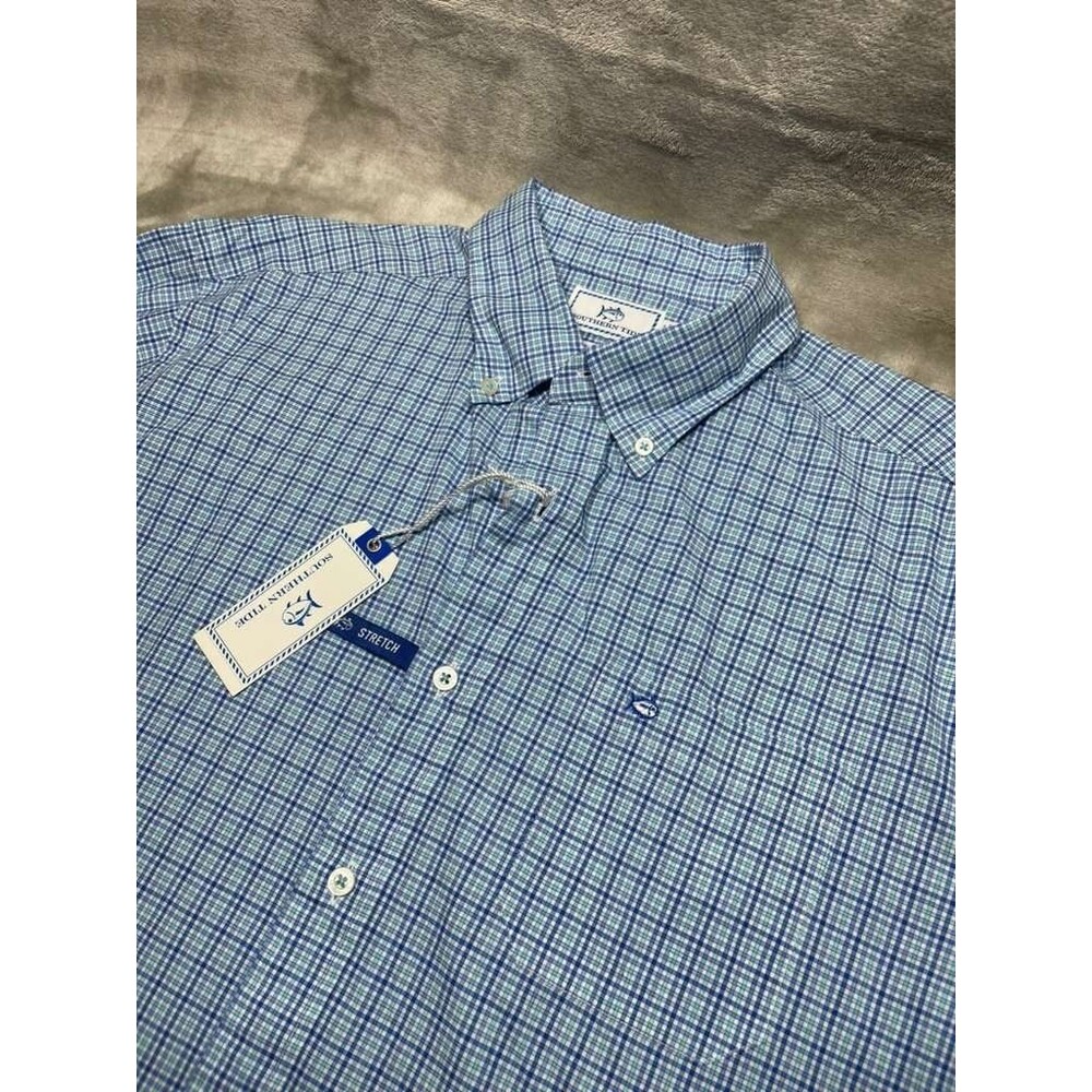 Southern Tide Men Shirt Large Button Down Blue Plaid Classic Fit Performance New